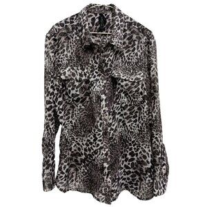Seven7 Womens Animal Print Blouse Top XL Black White Chiffon Long Sleeve Carrier